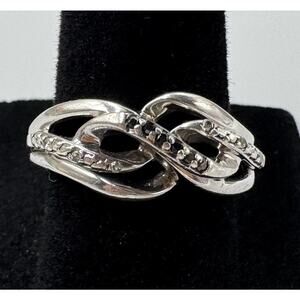 Sterling Silver 925 Clear & Black Diamond Crossover Anniversary Ring Size 7
